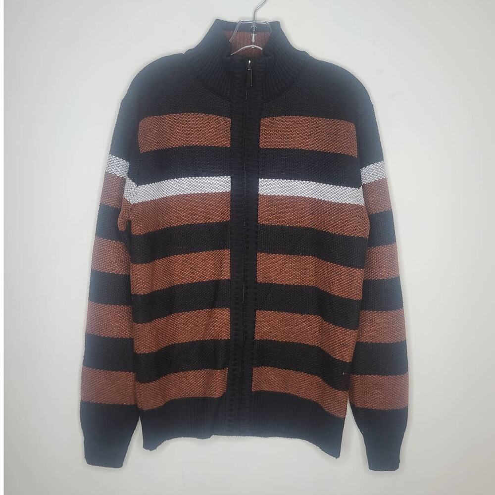 Six Lincoln sherpa lined black brown striped full zip mock neck sweater - small